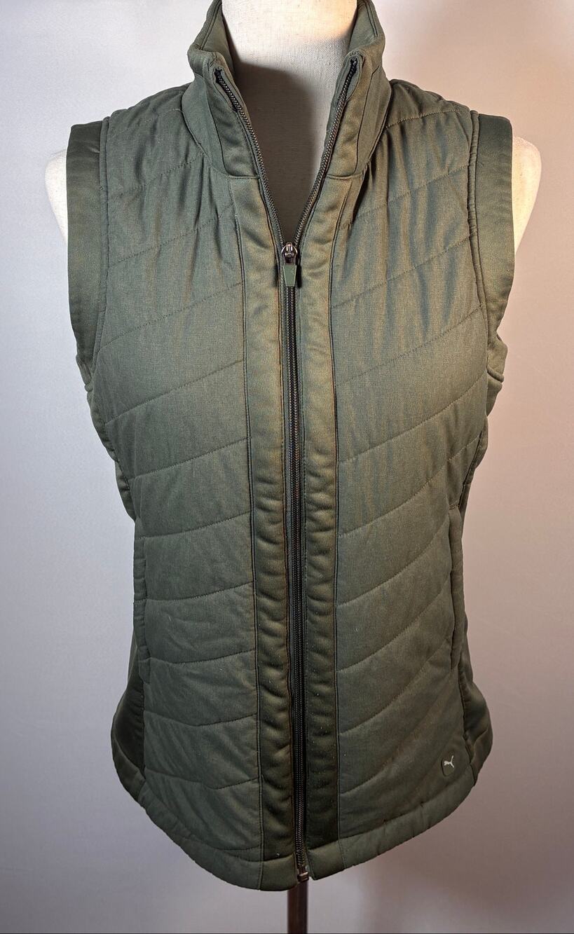 Puma Women's PrimaLoft Golf Vest Olive Green Quilted Size S Full Zip